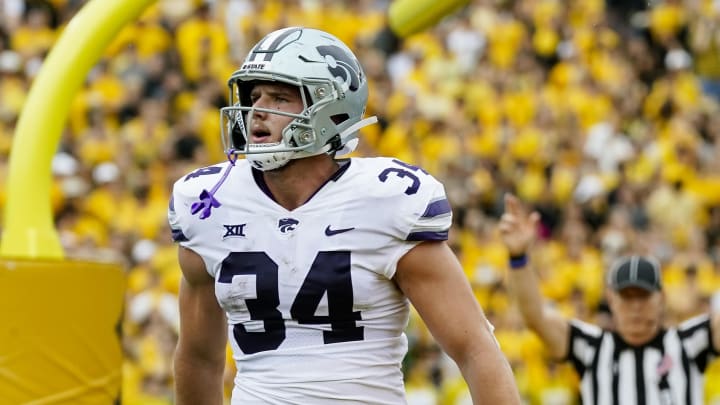 Sep 16, 2023; Columbia, Missouri, USA; Kansas State Wildcats tight end Ben Sinnott (34) celebrates after scoring a touchdown during the second half against the Missouri Tigers at Faurot Field at Memorial Stadium. Mandatory Credit: Jay Biggerstaff-USA TODAY Sports