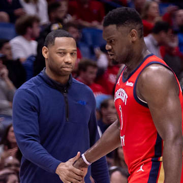 Apr 16, 2024; New Orleans, Louisiana, USA; New Orleans Pelicans forward Zion Williamson (1) reacts with New Orleans Pelicans head coach Willie Green on a time out in the first half against the Los Angeles Lakers during a play-in game of the 2024 NBA playoffs against the New Orleans Pelicans at Smoothie King Center. Mandatory Credit: Stephen Lew-Imagn Images