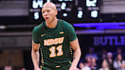 Dec 10, 2024; Indianapolis, Indiana, USA; North Dakota State Bison guard Jacari White (11) dribbles the ball during the second half against the Butler Bulldogs at Hinkle Fieldhouse. Mandatory Credit: Robert Goddin-Imagn Images