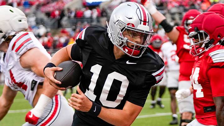 Quarterback Julian Sayin (10) runs the ball during the Ohio State football spring game at Ohio Stadium on Saturday, April 18, 2026 in Columbus, Ohio.