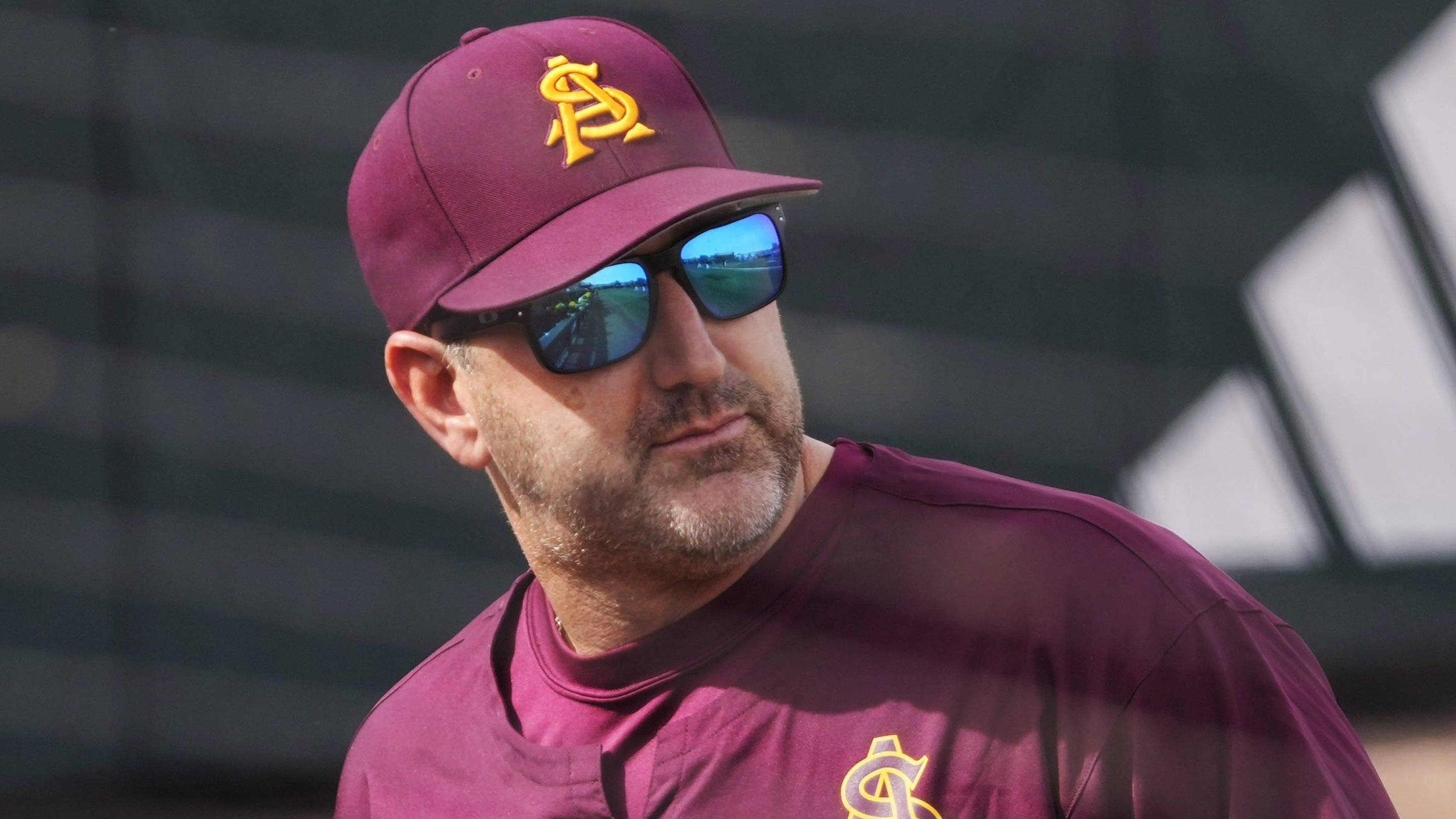 Arizona State manager Willie Bloomquist calls for a replay against Ohio State during the first inning at Phoenix Municipal Stadium on Feb. 16, 2025. | Michael Chow/The Republic / USA TODAY NETWORK via Imagn Images