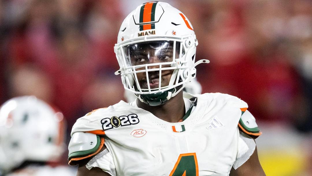 Jan 19, 2026; Miami Gardens, FL, USA; Miami Hurricanes defensive lineman Rueben Bain Jr. (4) against the Indiana Hoosiers during the College Football Playoff National Championship game at Hard Rock Stadium. Mandatory Credit: Mark J. Rebilas-Imagn Images Jan 19, 2026; Miami Gardens, FL, USA; Miami Hurricanes defensive lineman Rueben Bain Jr. (4) against the Indiana Hoosiers during the College Football Playoff National Championship game at Hard Rock Stadium. Mandatory Credit: Mark J. Rebilas-Imagn Images