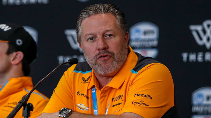 McLaren Racing CEO Zak Brown speaks during a media availability session in day two of NTT IndyCar Series open testing at The Thermal Club in Thermal, Calif., Friday, Feb. 3, 2023.