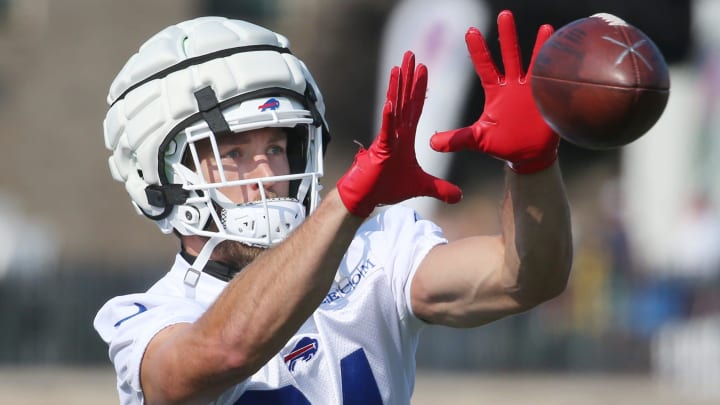 Bills tight end Zach Davidson eyes in a pass during the opening day of Buffalo Bills training camp at St. John Fisher University.