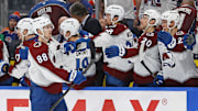 Feb 7, 2025; Edmonton, Alberta, CAN; The Colorado Avalanche celebrate a goal scored by  forward Martin Necas (88) during the third period against the Edmonton Oilers at Rogers Place. Mandatory Credit: Perry Nelson-Imagn Images