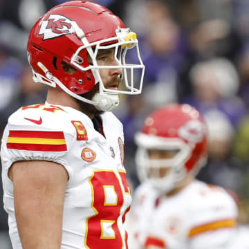Jan 28, 2024; Baltimore, Maryland, USA; Kansas City Chiefs tight end Travis Kelce (87) stands on the field during warmup prior to the Chiefs' game against the Baltimore Ravens in the AFC Championship football game at M&T Bank Stadium. Mandatory Credit: Geoff Burke-USA TODAY Sports