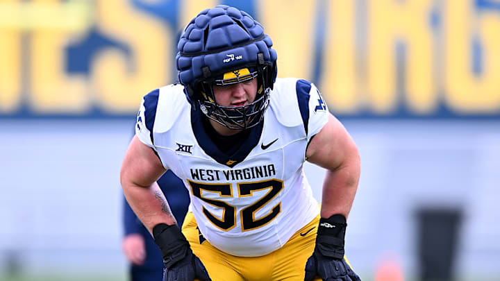 WVU offensive tackle Nick Krahe during the 2025 Gold-Blue Spring Showcase.