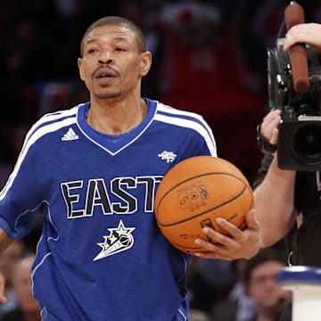 Feb 16, 2013; Houston, TX, USA; NBA former player Muggsy Bogues during the 2013 NBA all star shooting stars competition at the Toyota Center. Mandatory Credit: Brett Davis-Imagn Images