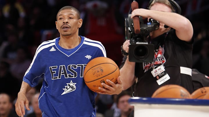 Feb 16, 2013; Houston, TX, USA; NBA former player Muggsy Bogues during the 2013 NBA all star shooting stars competition at the Toyota Center. Mandatory Credit: Brett Davis-Imagn Images