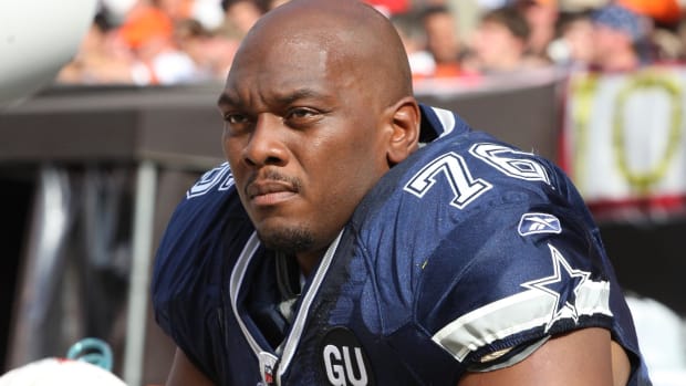 Sep 7, 2008; Cleveland, OH, USA; Dallas Cowboys offensive tackle Flozell Adams (76) on the bench against the Cleveland Browns at Cleveland Browns Stadium. 