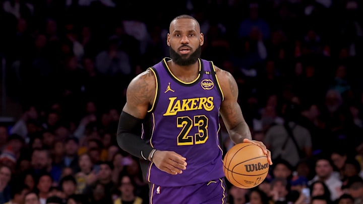 Feb 1, 2025; New York, New York, USA; Los Angeles Lakers forward LeBron James (23) brings the ball up court against the New York Knicks during the third quarter at Madison Square Garden. Mandatory Credit: Brad Penner-Imagn Images Feb 1, 2025; New York, New York, USA; Los Angeles Lakers forward LeBron James (23) brings the ball up court against the New York Knicks during the third quarter at Madison Square Garden. Mandatory Credit: Brad Penner-Imagn Images