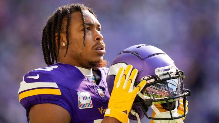 Oct 8, 2023; Minneapolis, Minnesota, USA; Minnesota Vikings wide receiver Justin Jefferson (18) before the game against the Kansas City Chiefs at U.S. Bank Stadium.