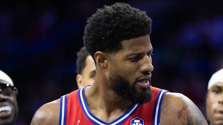 Jan 10, 2025; Philadelphia, Pennsylvania, USA; Philadelphia 76ers forward Paul George (8) has words with referee Tre Maddox (23) after a stoppage of play during the third quarter against the New Orleans Pelicans at Wells Fargo Center. Mandatory Credit: Bill Streicher-Imagn Images