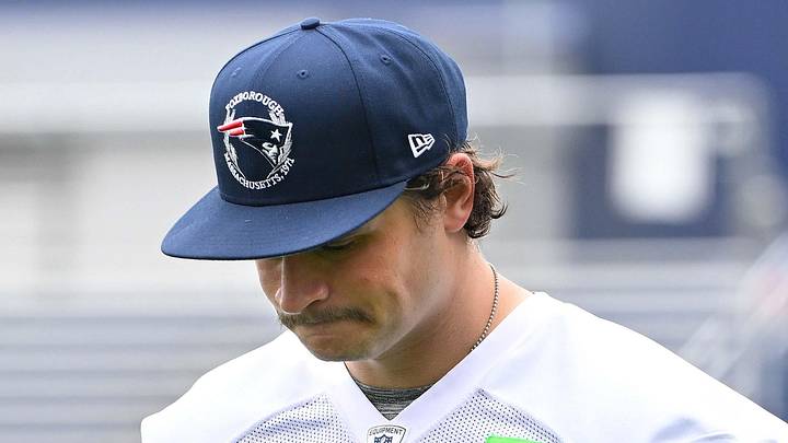 Jun 9, 2025; Foxborough, MA, USA; New England Patriots punter Bryce Baringer (17) leaves the practice fields after minicamp at Gillette Stadium. Mandatory Credit: Eric Canha-Imagn Images