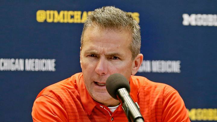 Ohio State Buckeyes head coach Urban Meyer answers questions during the post-game press conference dfllowing a 31-20 win over the Michigan Wolverines in Saturday's NCAA Division I football game at Michigan Stadium in Ann Arbor on November 25, 2017.