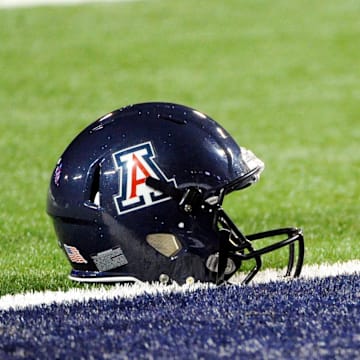 Nov 9, 2013; Tucson, AZ, USA; A detailed view of an Arizona Wildcats helmet before the first quarter against the UCLA Bruins at Arizona Stadium. Mandatory Credit: Casey Sapio-Imagn Images