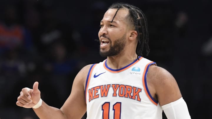 Jan 29, 2024; Charlotte, North Carolina, USA;  New York Knicks guard Jalen Brunson (11) reacts after he scores during the second half against the Charlotte Hornets at the Spectrum Center. Mandatory Credit: Sam Sharpe-USA TODAY Sports