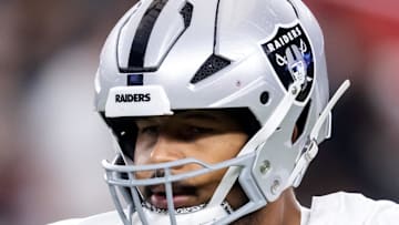 Aug 23, 2025; Glendale, Arizona, USA; Las Vegas Raiders guard Caleb Rogers (76) against the Arizona Cardinals during a preseason NFL game at State Farm Stadium. Mandatory Credit: Mark J. Rebilas-Imagn Images