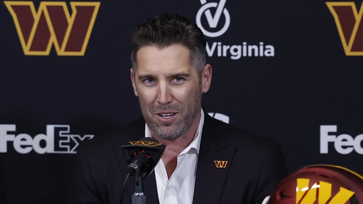 Feb 5, 2024; Ashburn, VA, USA; Washington Commanders general manager Adam Peters (R) speaks during an introductory press press conference for Commanders head coach Dan Quinn (not pictured) at Commanders Park. Mandatory Credit: Geoff Burke-USA TODAY Sports