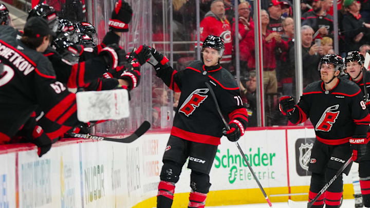 Mar 9, 2025; Raleigh, North Carolina, USA;  Carolina Hurricanes center Mark Jankowski (77) celebrates his goal against the Winnipeg Jets during the second period at Lenovo Center. Mandatory Credit: James Guillory-Imagn Images