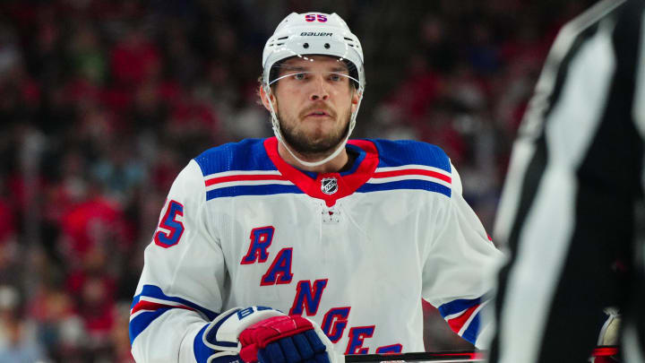 May 11, 2024; Raleigh, North Carolina, USA; New York Rangers defenseman Ryan Lindgren (55) reacts during the first period against the Carolina Hurricanes in game four of the second round of the 2024 Stanley Cup Playoffs at PNC Arena. Mandatory Credit: James Guillory-USA TODAY Sports