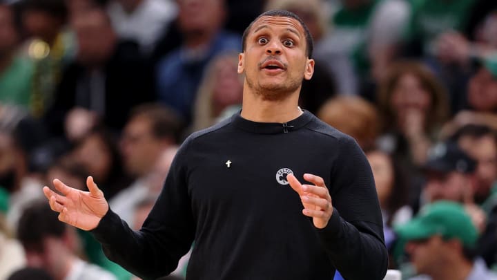 Jun 9, 2024; Boston, Massachusetts, USA; Boston Celtics head coach Joe Mazzulla reacts after a play against the Dallas Mavericks  during the third quarter in game two of the 2024 NBA Finals at TD Garden. Mandatory Credit: Peter Casey-USA TODAY Sports