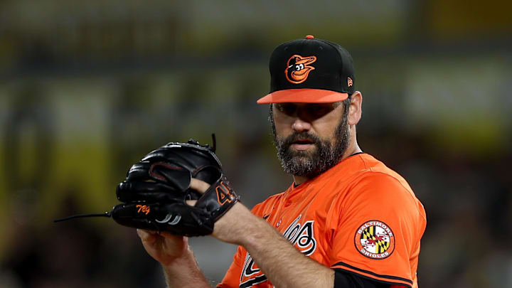 Baltimore Orioles pitcher Andrew Kittredge (39) throws a pitch against the Athletics during the eighth inning at Sutter Health Park on June 7.