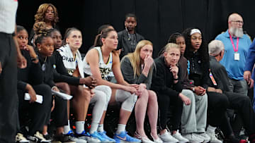 Sep 9, 2025; Las Vegas, Nevada, USA; Chicago Sky forward Angel Reese (5) sits at the end of the Chicago Sky bench near the end of the fourth quarter against the Las Vegas Aces at T-Mobile Arena. Mandatory Credit: Stephen R. Sylvanie-Imagn Images