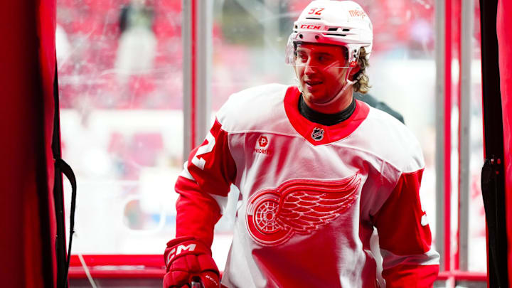 Mar 14, 2025; Raleigh, North Carolina, USA;  Detroit Red Wings center Marco Kasper (92) smiles after the warmups before the game against the Carolina Hurricanes at Lenovo Center. Mandatory Credit: James Guillory-Imagn Images