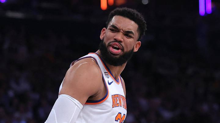 Jun 10, 2026; New York, New York, USA; New York Knicks center Karl-Anthony Towns (32) reacts in the second quarter against the San Antonio Spurs during game four of the 2026 NBA Finals at Madison Square Garden. Mandatory Credit: Brad Penner-Imagn Images