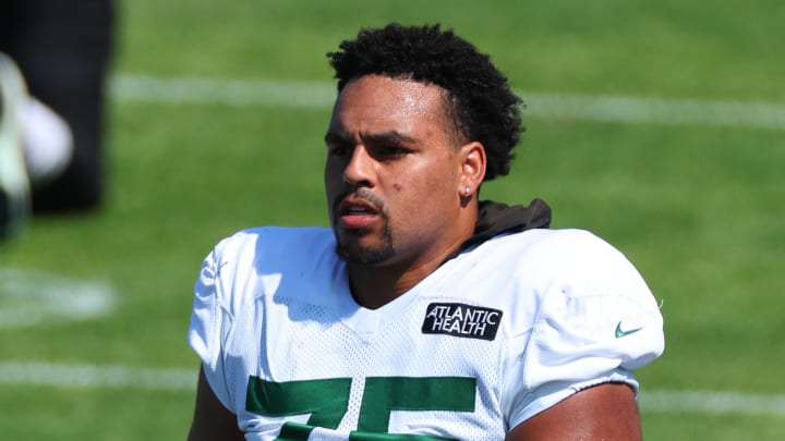 Jul 31, 2023; Florham Park, NY, USA; New York Jets guard Alijah Vera-Tucker (75) warms up during the New York Jets Training Camp at Atlantic Health Jets Training Center.  