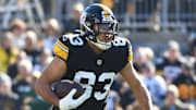 Nov 12, 2023; Pittsburgh, Pennsylvania, USA;  Pittsburgh Steelers tight end Connor Heyward (83) against the Green Bay Packers during the first quarter at Acrisure Stadium. Mandatory Credit: Philip G. Pavely-Imagn Images