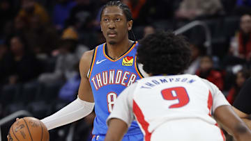 Jan 28, 2024; Detroit, Michigan, USA; Oklahoma City Thunder forward Jalen Williams (8) dribbles against Ausar Thompson of the Detroit Pistons
