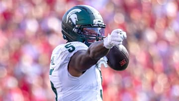 Oct 4, 2025; Lincoln, Nebraska, USA; Michigan State Spartans linebacker Jordan Hall (5) celebrates after an interception during the game against Nebraska at Memorial Stadium. Mandatory Credit: Kylie Graham-Imagn Images