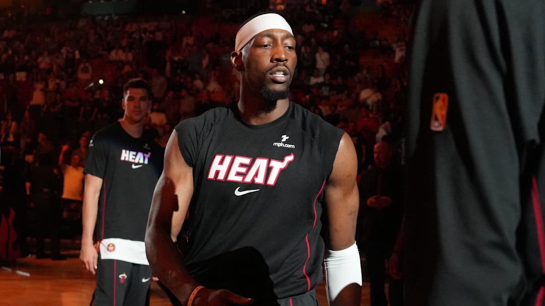 Apr 12, 2026; Miami, Florida, USA;  Miami Heat center Bam Adebayo (13) greets his teammates during pregame introductions before a game against the Atlanta Hawks at Kaseya Center. Mandatory Credit: Jim Rassol-Imagn Images