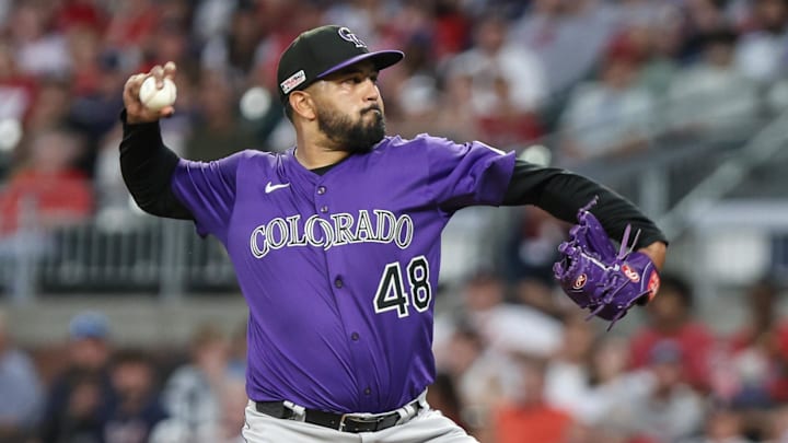 Jun 13, 2025; Cumberland, Georgia, USA; Colorado Rockies pitcher German Marquez (48) pitches the ball against the Atlanta Braves during the fifth inning at Truist Park. 