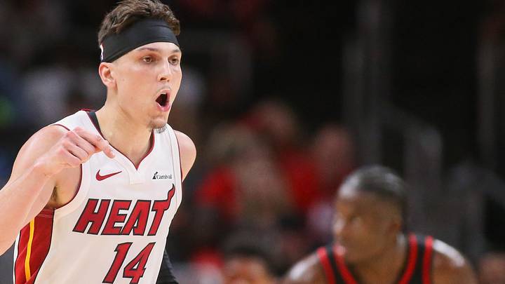 Apr 9, 2024; Atlanta, Georgia, USA; Miami Heat guard Tyler Herro (14) reacts after a basket against the Atlanta Hawks in the second half at State Farm Arena. Mandatory Credit: Brett Davis-Imagn Images