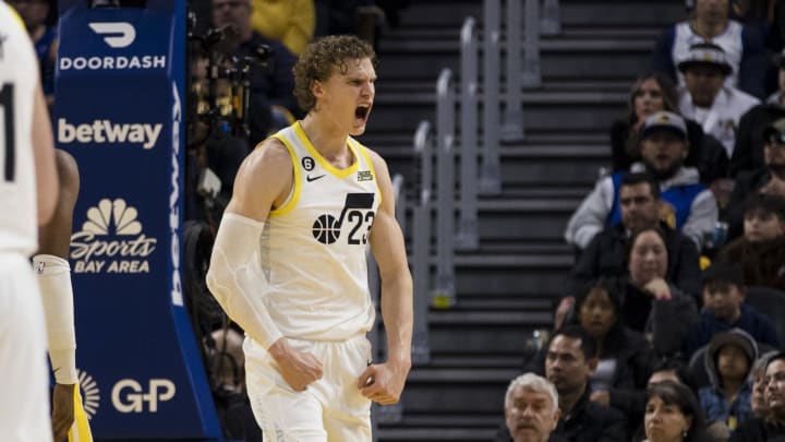 Dec 28, 2022; San Francisco, California, USA; Utah Jazz forward Lauri Markkanen (23) reacts after drawing a foul against the Golden State Warriors during the first half at Chase Center. Mandatory Credit: John Hefti-USA TODAY Sports