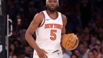 May 19, 2024; New York, New York, USA; New York Knicks forward Precious Achiuwa (5) brings the ball up court against the Indiana Pacers during the third quarter of game seven of the second round of the 2024 NBA playoffs at Madison Square Garden. Mandatory Credit: Brad Penner-USA TODAY Sports