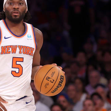May 19, 2024; New York, New York, USA; New York Knicks forward Precious Achiuwa (5) brings the ball up court against the Indiana Pacers during the third quarter of game seven of the second round of the 2024 NBA playoffs at Madison Square Garden. Mandatory Credit: Brad Penner-USA TODAY Sports