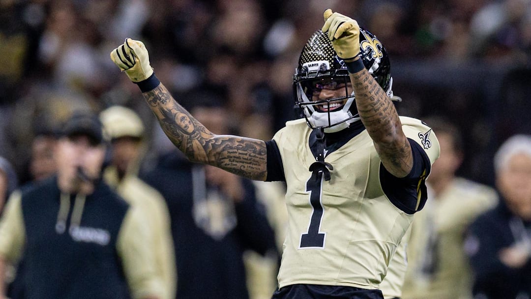 Dec 21, 2025; New Orleans, Louisiana, USA;  New Orleans Saints cornerback Alontae Taylor (1) reacts to making a tackle against New York Jets quarterback Brady Cook (not pictured) during the first half  at Caesars Superdome. Mandatory Credit: Stephen Lew-Imagn Images