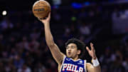 Dec 4, 2024; Philadelphia, Pennsylvania, USA; Philadelphia 76ers guard Jared McCain (20) shoots the ball against the Orlando Magic during the third quarter at Wells Fargo Center. Mandatory Credit: Bill Streicher-Imagn Images