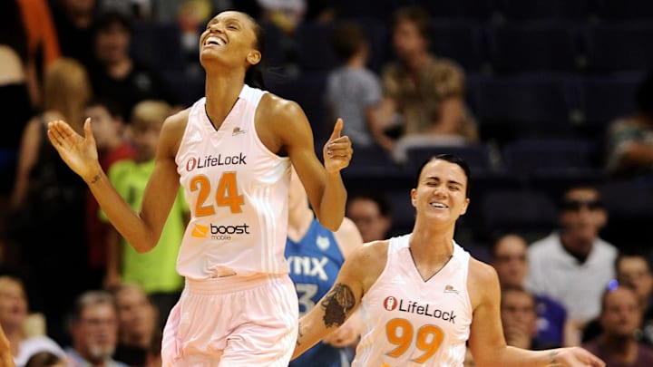Sep. 21, 2012; Phoenix, AZ, USA; Phoenix Mercury guard DeWanna Bonner (24) and guard Samantha Prahalis (99) react on the court during the game against the Minnesota Lynx in the first half at US Airways Center. Mandatory Credit: Jennifer Stewart-Imagn Images Sep. 21, 2012; Phoenix, AZ, USA; Phoenix Mercury guard DeWanna Bonner (24) and guard Samantha Prahalis (99) react on the court during the game against the Minnesota Lynx in the first half at US Airways Center. Mandatory Credit: Jennifer Stewart-Imagn Images