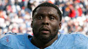 Tennessee Titans center Lloyd Cushenberry III walks off the field post game against the New England Patriots.