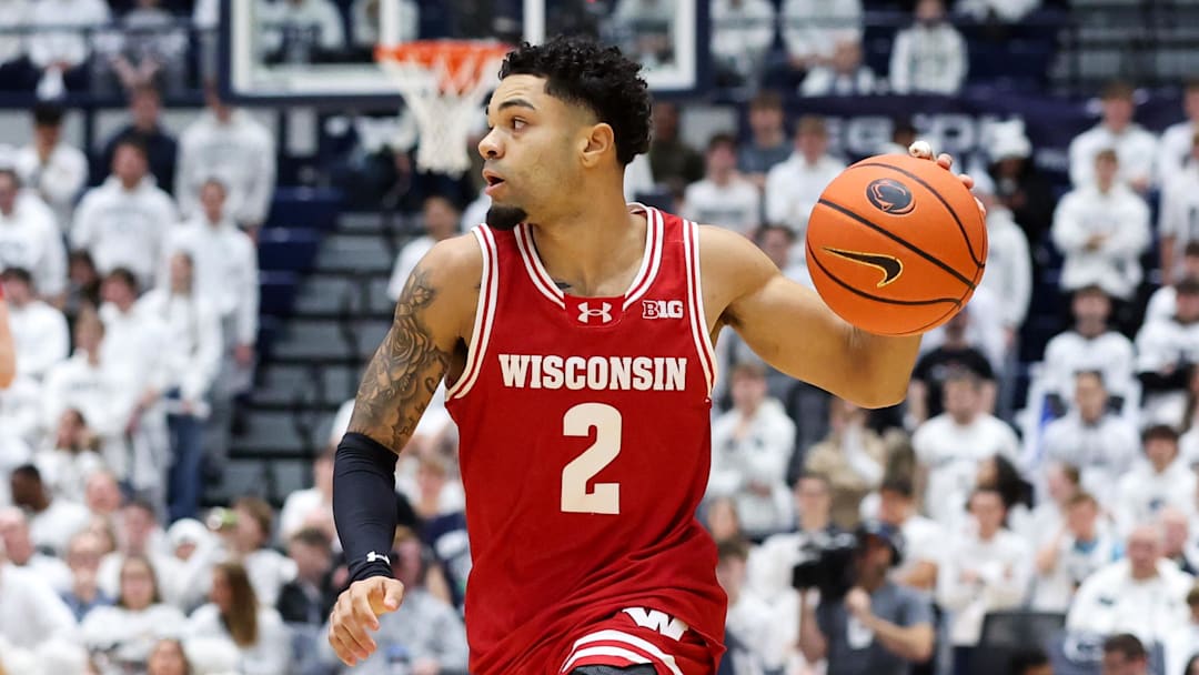 Jan 22, 2026; University Park, Pennsylvania, USA; Wisconsin Badgers guard Nick Boyd (2) drives during the first half against the Penn State Nittany Lions at Rec Hall. Mandatory Credit: Matthew O'Haren-Imagn Images