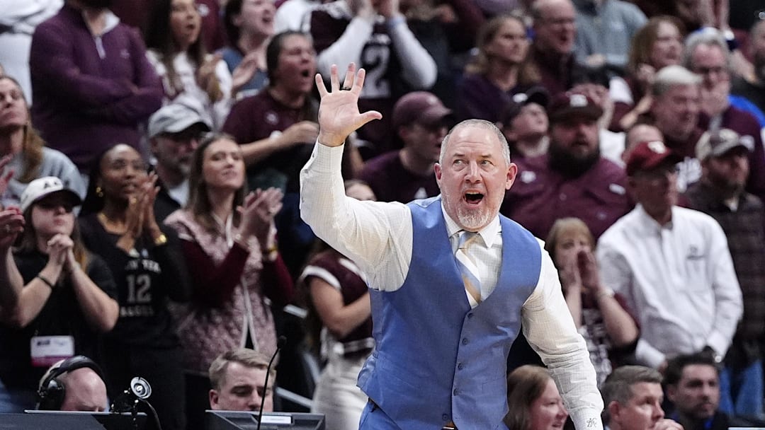 Mar 22, 2025; Denver, CO, USA; Texas A&M Aggies head coach Buzz Williams reacts during the second half in the second round of the NCAA Tournament at Ball Arena. Mandatory Credit: Ron Chenoy-Imagn Images Mar 22, 2025; Denver, CO, USA; Texas A&M Aggies head coach Buzz Williams reacts during the second half in the second round of the NCAA Tournament at Ball Arena. Mandatory Credit: Ron Chenoy-Imagn Images