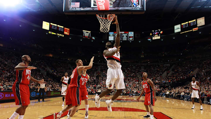 Nov. 25, 2009; Portland, OR, USA; Portland Trailblazers center Greg Oden (52) shoots against the New Jersey Nets at the Rose Garden. Mandatory Credit: Craig Mitchelldyer-USA TODAY Sports