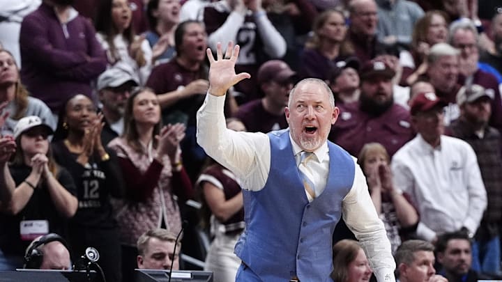 Mar 22, 2025; Denver, CO, USA; Texas A&M Aggies head coach Buzz Williams reacts during the second half in the second round of the NCAA Tournament at Ball Arena. Mandatory Credit: Ron Chenoy-Imagn Images Mar 22, 2025; Denver, CO, USA; Texas A&M Aggies head coach Buzz Williams reacts during the second half in the second round of the NCAA Tournament at Ball Arena. Mandatory Credit: Ron Chenoy-Imagn Images