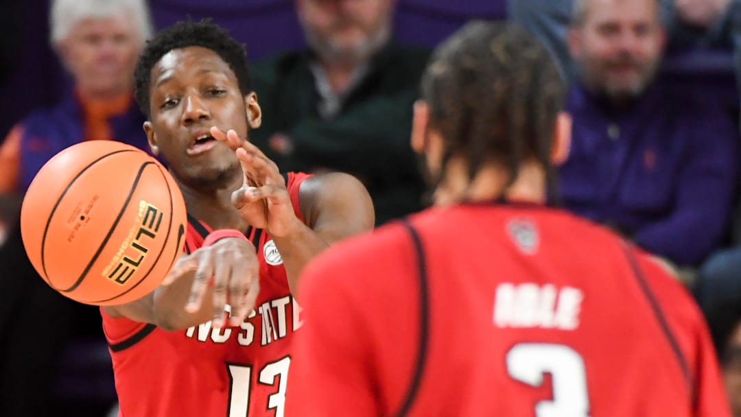 NC State Wolfpack forward Musa Sagnia (13) passes the ball to NC State Wolfpack guard Matt Able (3) Tuesday, Jan. 20, 2026, during the NCAA men’s basketball game against the Clemson Tigers at Littlejohn Coliseum in Clemson, South Carolina.