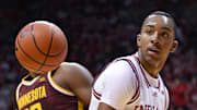 Dec 9, 2024; Bloomington, Indiana, USA; Indiana Hoosiers forward Bryson Tucker (8) reacts after scoring during the first half against the Minnesota Golden Gophers at Simon Skjodt Assembly Hall. Mandatory Credit: Robert Goddin-Imagn Images